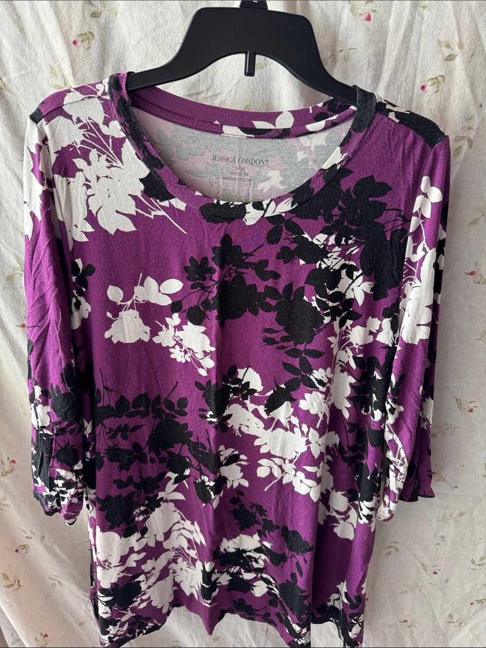 Jessica London Purple White and Black Floral Long Sleeve Tee